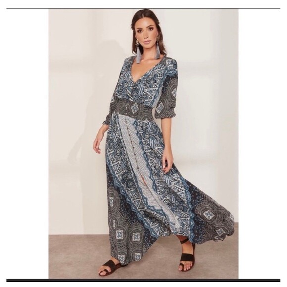 FREE PEOPLE Mexicali Rose Smocked Waist Maxi Dress Blue Size XS Boho Bohemian - Picture 1 of 16